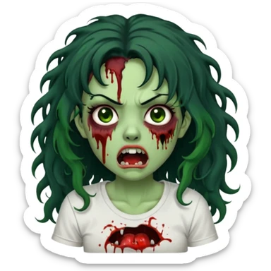 a zombie with long curly black hair volumoso, brown eyes, a white t-shirt and a splash of blood on her t-shirt, mouth open like a zombie, green skin color, not much expression, no drawing on shirt, no hands showing, less blood on her face, less blood, black hair and black eyes sticker