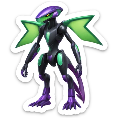 a shiny black-green-purple Genesect-Flygon-Raptor-Fakémon-Medabot-hybrid with a futuristic visor-helmet full body sticker