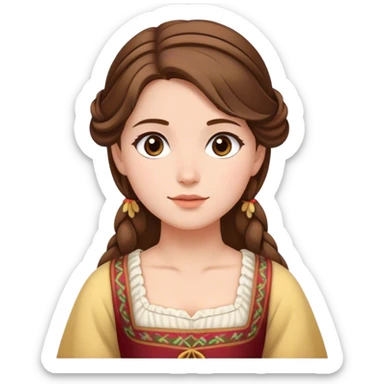 Cinematic Serene Belle Portrait Emoji, rendered in a simplified vector style. Depict a gentle Belle (chest and above) with fair, glowing skin, softly cascading brown hair, and a calm, inviting expression, dressed in her traditional village dress. The image exudes a soft, luminous glow and is outlined with a subtle, warm light. sticker