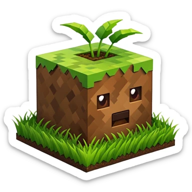 A 3D Apple-style emoji of a Minecraft grass block, cubic shape, with bright green grass on top and brown soil with pixel texture on the sides, simple and cute cartoon design. sticker