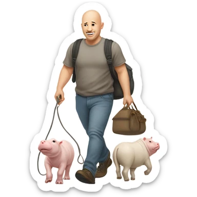 Bald man walking a bunch of Pygmy moo deng hippos by leash sticker