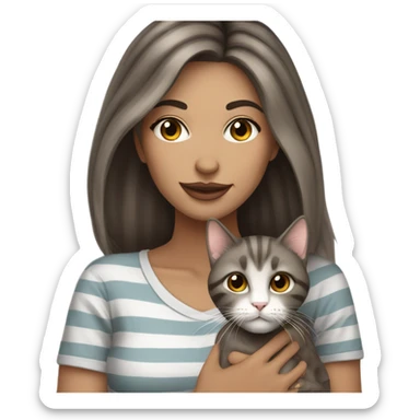 Beautiful brown haired tattooed woman holding gray and white striped long hair cat sticker