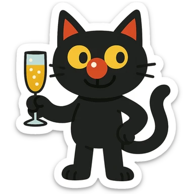 black cat with a clown nose and champagne glass, cartoonish and fun sticker