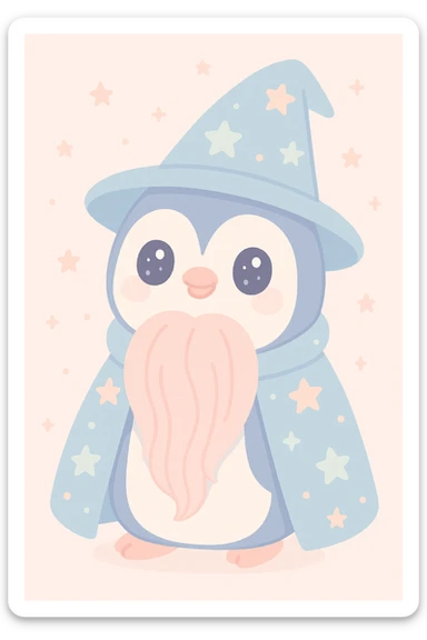 penguin wizard with a long beard and starry cloak, mystical and charming, cute style sticker