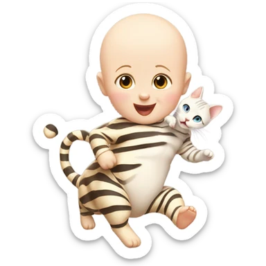 bald white baby with its arms in the air riding on a striped cat that's running and at least as big as the baby even a little bigger sticker