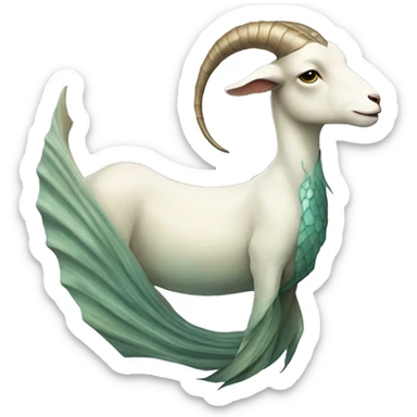 Goat attached to a long mermaid fish tail, creature mythology, watery earthy tones sticker