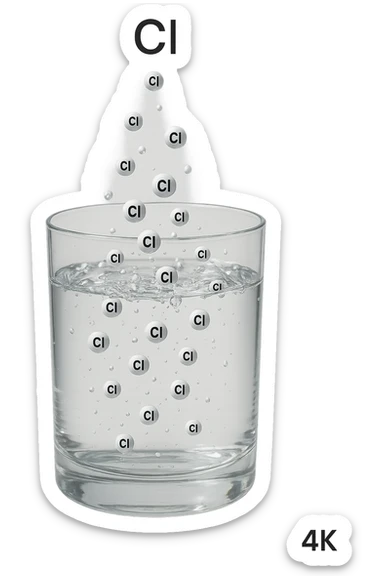 un bicchiere di acqua fluttua in aria realistico e dettagliato, dentro l'acqua del bicchiere ci sono particelle di cloro ben visibili con la scritta "Cl" sopra, ci sono particelle anche che escono dal bicchiere e fluttuan
o in aria verticalmente, mentre alcune sono all'interno dell'acqua nel bicchiere, iperrealistico 4k sticker