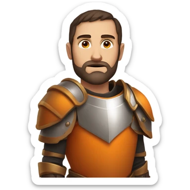 Confident White Man with dark brown hair and a short beard wearing large orange plate armor and eyes made out of orange light sticker