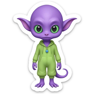 full body cute peacefull alien furry with 2 legs and eye stalks stands upright and looks intelligent ...wears clothing. not green..looks happy and cudly... doesnt have eyes on face, there is a stalk coming from top of head with a single large eye sticker