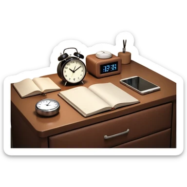A dimly lit bedroom with a person sleeping. On a nightstand, there's  there’s a small alarm clock and a closed journal. In the background, a clean and tidy kitchen is visible, symbolizing a fresh start for the morning. The scene gives off a feeling of calm, intention, and preparation. sticker