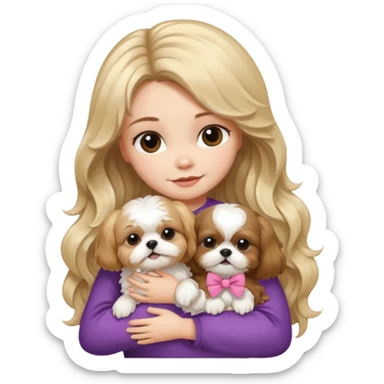 a girl with long, wavy brunette hair hugging a Shih Tzu with blonde fur and a cute bow sticker