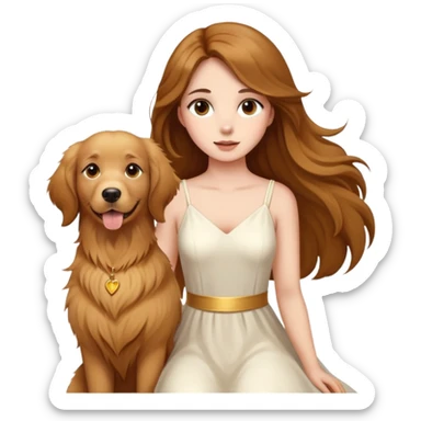 A beautiful girl with big eyes, fair skin, long brown hair with white dress and a Golden Retriever sticker