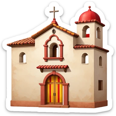 Spanish mission style house with bell tower and arches, displaying a Spanish flag (red-yellow-red horizontal stripes) hanging from a window sticker