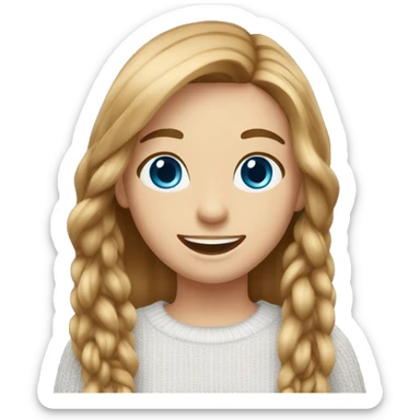  girl with long straight light-brown hair, blue eyes, wearing a white knitted top, ((cheerful, laugh)) sticker