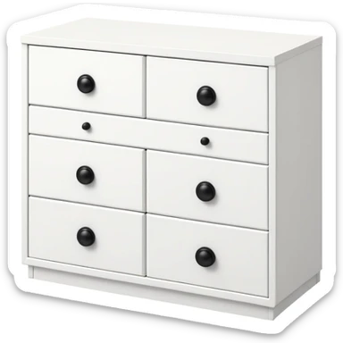 IKEA-style white 6-drawer chest with one small black knob per drawer, minimalist design sticker