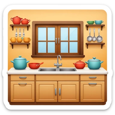 A cozy home kitchen in clean emoji-style illustration. Warm colors, simple shapes, homemade dishes on the counter, friendly atmosphere, flat design, high contrast, clear outlines. sticker