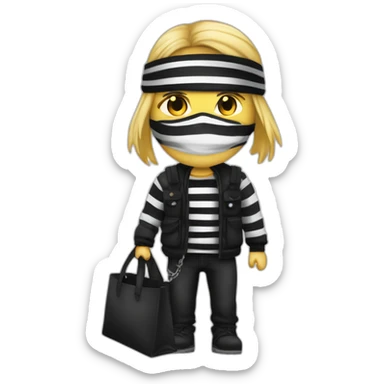 robber with semi long blonde hair wearing a black beanie and a long sleeved white and black horizontally striped t-shirt and wearing black eye mask and a bag of money in his shoulder sticker