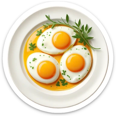 Cinematic sunny-side-up eggs, perfectly cooked with glossy yolks, crispy golden edges, sprinkled with fresh herbs, served on a rustic plate, bright and inviting, highly detailed and appetizing. sticker