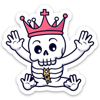 shocked skull with crown, hands raised to head in disbelief, black and white sticker