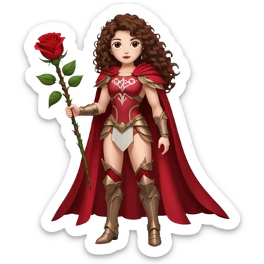 full body woman long curly brown hair brown eyes white skin tattoos muscular build rose thorn armor and petal cape sticker