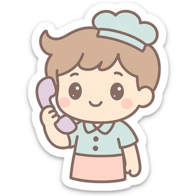 Make the waiter answer the phone, picture taken from the waist up, same kawaii chibi anime style, flat pastel colors, thick outlines, simple cute features, transparent background. sticker