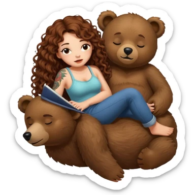 cute woman long curly brown hair tattoos riding sleepy bear sticker