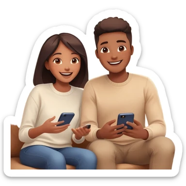 "A realistic digital illustration of two people engaged in a lively video chat on their smartphones or computers. They appear excited and happy while talking to each other. The screen of the devices shows their faces clearly, emphasizing interaction and connection. The background is blurred but suggests a cozy home environment. The image should convey a sense of fun, engagement, and new connections." sticker
