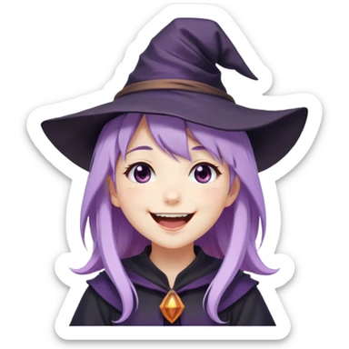 cute anime girl with lilac hair in a witch hat laughing sticker