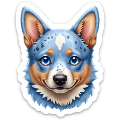 Cinematic Cute Blue Speckle Australian Cattle Dog Portrait Emoji, Head tilted playfully and inquisitively, featuring a vibrant blue speckle Fur with dynamic patterns, round, sparkling blue eyes filled with curiosity, Simplified yet irresistibly adorable features, highly detailed, glowing with a warm, friendly glow, high shine, affectionate and energetic, stylized with a touch of whimsy, bright and endearing, soft glowing outline, capturing the essence of a mischievous yet loving pup, so playful it feels like it could bound out of the screen and into your arms! sticker