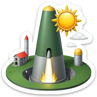 green landscape with sun in top of the background, there is a grey missile silo hatch open, and the top two thirds of a white nuclear missile launching out of the silo is shown sticker