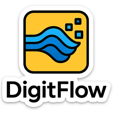 modern tech icon for DigitFlow incorporating a digital flow or data stream sticker