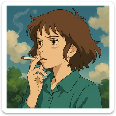 a girl smoking, different artistic style, ghibli style, detailed, expressive sticker