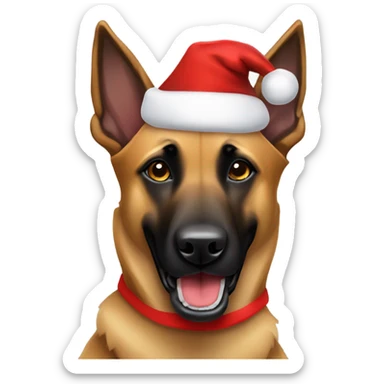 Belgian Malinois shepherd dog wearing a Santa Claus hat sticker