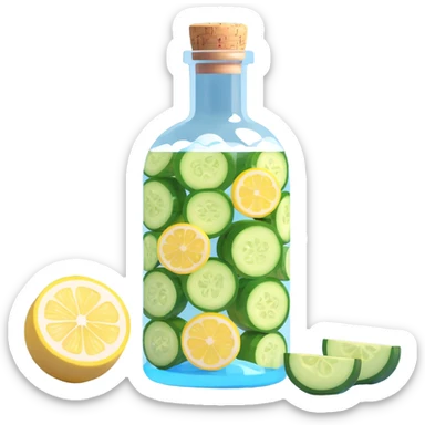 fancy 3D cocktail in a round bottle with a very small neck and cork, liquid color #6fdef1, inside cucumber slices, lemon slices, and ice cubes, realistic, photorealistic, eye-catching sticker
