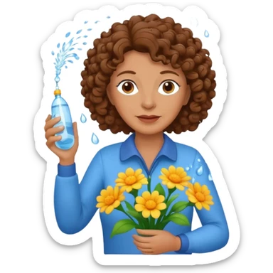Older female florist – curly hair, spraying water on fresh flowers sticker