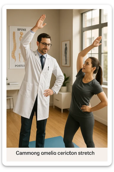 A realistic, cinematic illustration of a professional doctor in a white coat inside a bright, modern medical office, demonstrating a simple stretching exercise to a patient for improving posture. The doctor, calm and encouraging, shows a gentle spinal extension stretch while explaining its benefits for posture and spinal health, with an anatomical poster of the spine and posture alignment in the background. The scene includes a yoga mat, clean wooden floors, and natural light streaming through large windows, creating a warm, health-focused atmosphere. The patient, in comfortable activewear, watches and mirrors the stretch, emphasizing the preventive and therapeutic role of stretching for posture correction under medical guidanc sticker