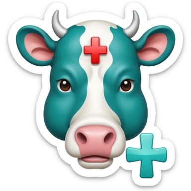 Emoji-style icon of a cow and buffalo with a medical cross and warning pulse or health indicator, showing disease detection. Simple emoji design, teal and white theme, no text, transparent background. sticker