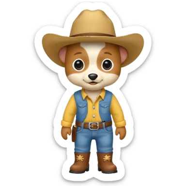 a very cute and adorable anthropomorphic puppy with a cowboy hat ,yellow shirt and blue jeans and brown boots is walking  sticker