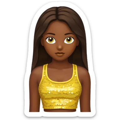 Sasha from Bratz with long dark brown hair, dark skin, hazel eyes, yellow sequin crop top sticker