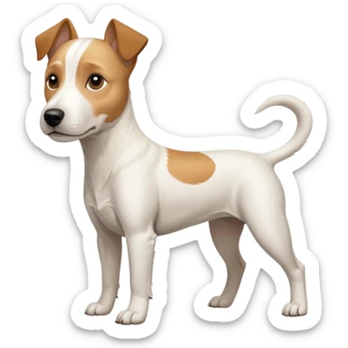 a full body facing front on of a buff white parson russell terrier looking dog the size of a kelpie with light brown long ears resting on its face and a light brown patch above one eye and a large snout. the rest of the dog is completely white.  sticker