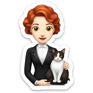 Women with red wine hair, pale skin, wearing white sweater, holding a tuxedo cat sticker