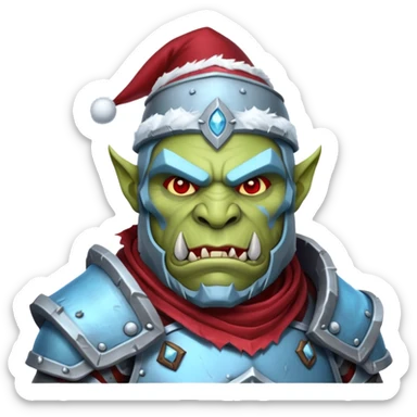 
Fantasy Christmas orc legion soldier icon, iron tundra army theme, heavy winter armor, disciplined brutal look, icy blue steel armor with deep crimson accents, frozen metal texture, cold winter atmosphere, male variant sticker