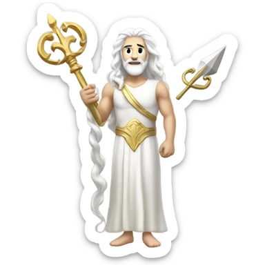 white Poseidon with gold Trident. long white hair white dress. with keys sticker