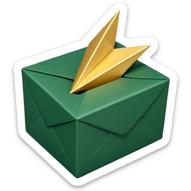 3D minimal open box with small floating icons coming out (envelope, lightning bolt, star), soft matte finish, deep green (#0B3D2C) box, gold (#C9B037) floating icons, Apple style, ultra clean and sleek, very soft ambient shadow, transparent background sticker