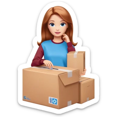 Barbie in a brown sweatshirt with shoulder-length reddish-brown hair, blue eyes with makeup, stands with a parcel box sticker
