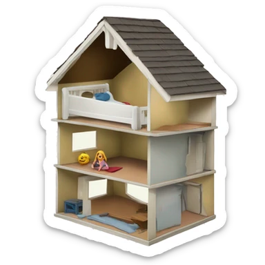 A broken-down dollhouse with a doll sitting inside, lifeless and blank-eyed sticker