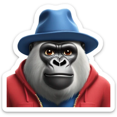 gorilla in paddington bear's  blueclothes and red hat sticker