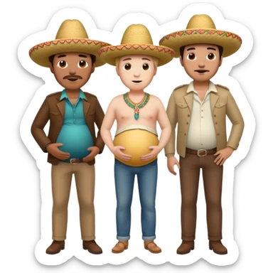 two men standing besides each other. 1 man is white and not pregnant, and the other man is mexican wearing a sombrero and pregnant, holding his belly.  sticker
