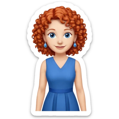 una profesora mayor simpática con el pelo rojo rizado, ojos azules, vestido azul y pendientes azules hablando sonriendo altura completa  sticker