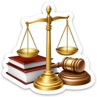 An icon featuring a gavel, scales of justice, and legal books, symbolizing law. The design includes a courthouse building in the background, representing the legal system and justice. Transparent background highlights the authority and structure of the law. sticker
